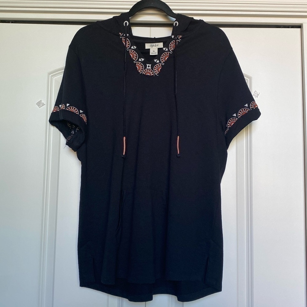 Style & Co Women's XL Cotton Embroidered Hoodie pop over shirt Top Tassles